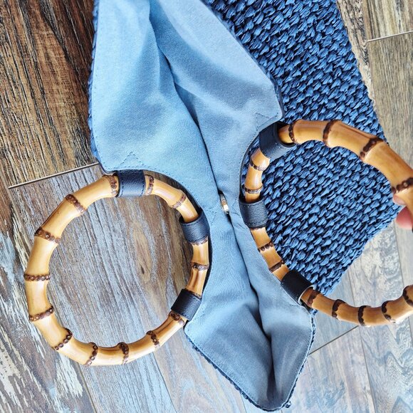 NWoT Talbots 100% Paper Straw Round Bamboo Handle Leather Trim Tote Bag Blue - Picture 8 of 13